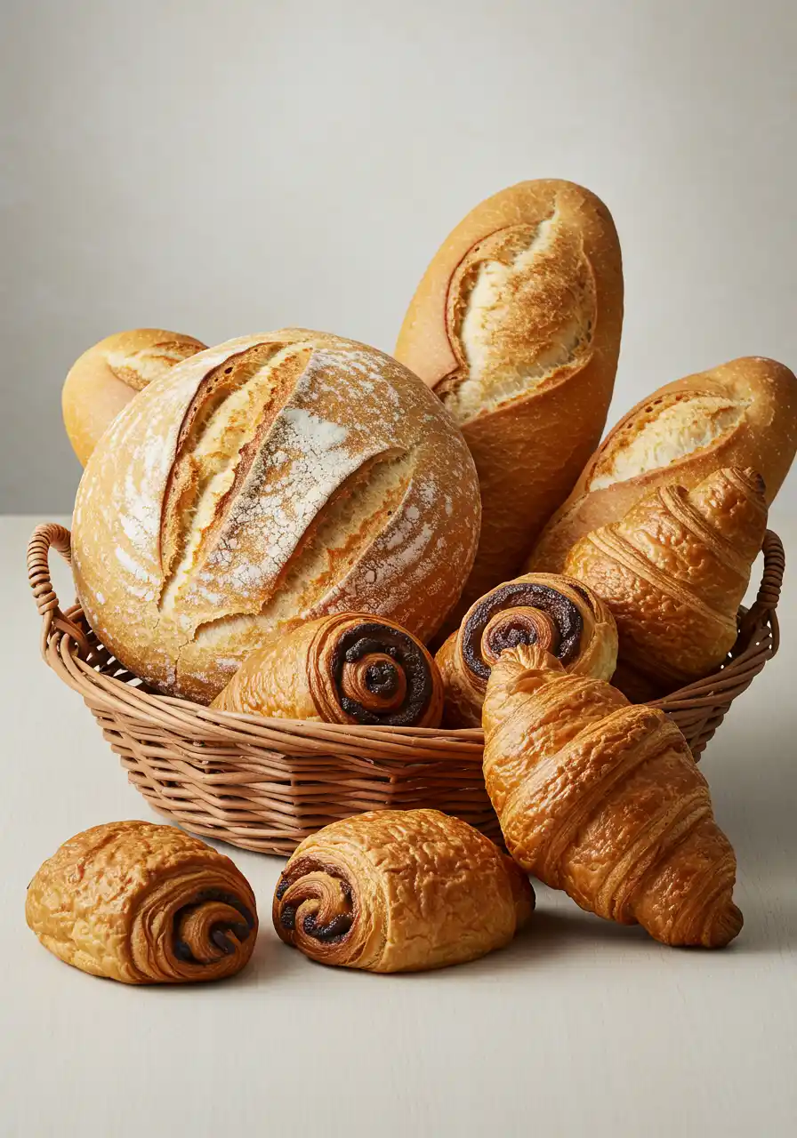 A rustic basket filled with an assortment of fresh, homemade gluten-free breads and pastries, including a round sourdough loaf, croissants, and pain au chocolat