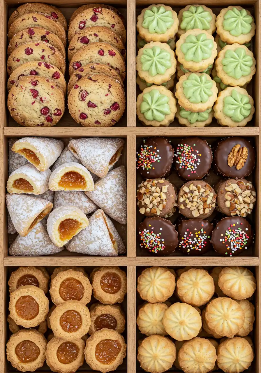 A variety of homemade gluten-free cookies and biscuits, including jam-filled, shortbread, and chocolate-dipped types, arranged in a wooden serving tray.