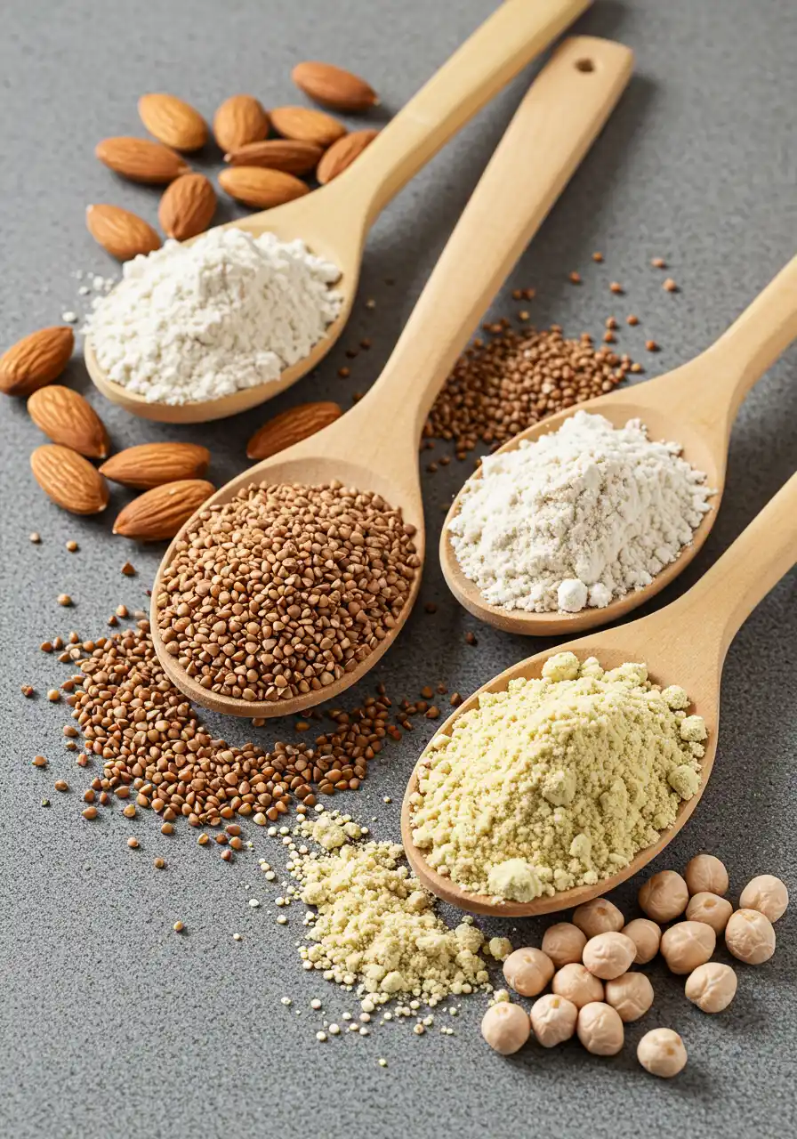 A set of different gluten-free flours and corresponding grains, including almond, buckwheat, and chickpea flour, displayed on a textured gray background.
