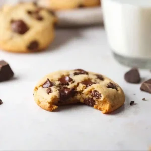 Gluten free dairy free cookie with chocolate chips and bite taken out next to glass of almond milk
