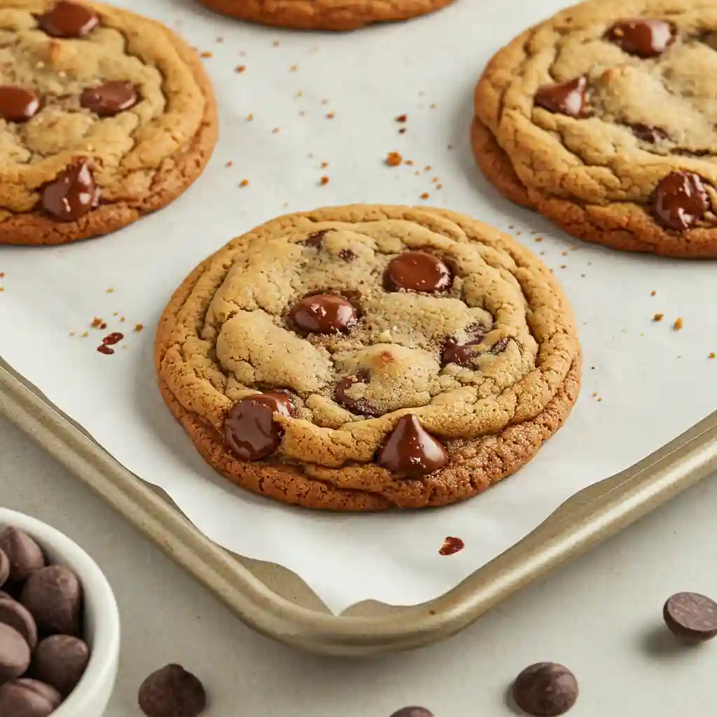 Gluten free dairy free cookies fresh from oven with melted chocolate chips on baking tray