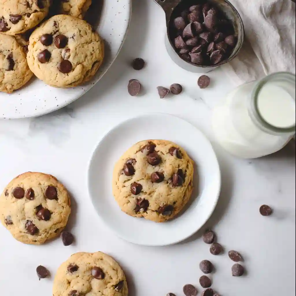 Gluten free dairy free cookies on white plate with chocolate chips and almond milk flat lay