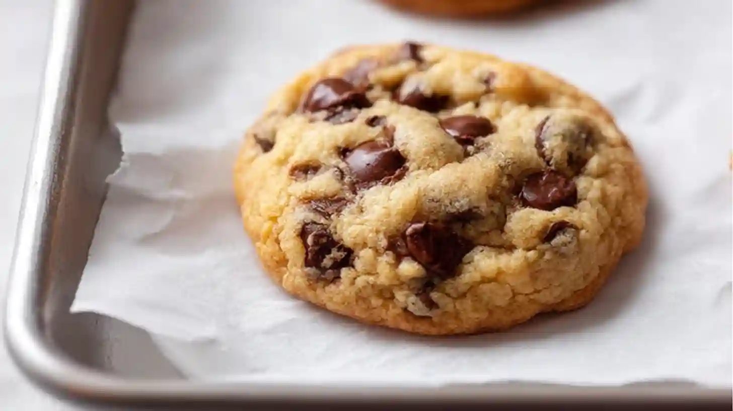 Gluten free dairy free chocolate chip cookie with golden edges and soft chewy center on baking tray