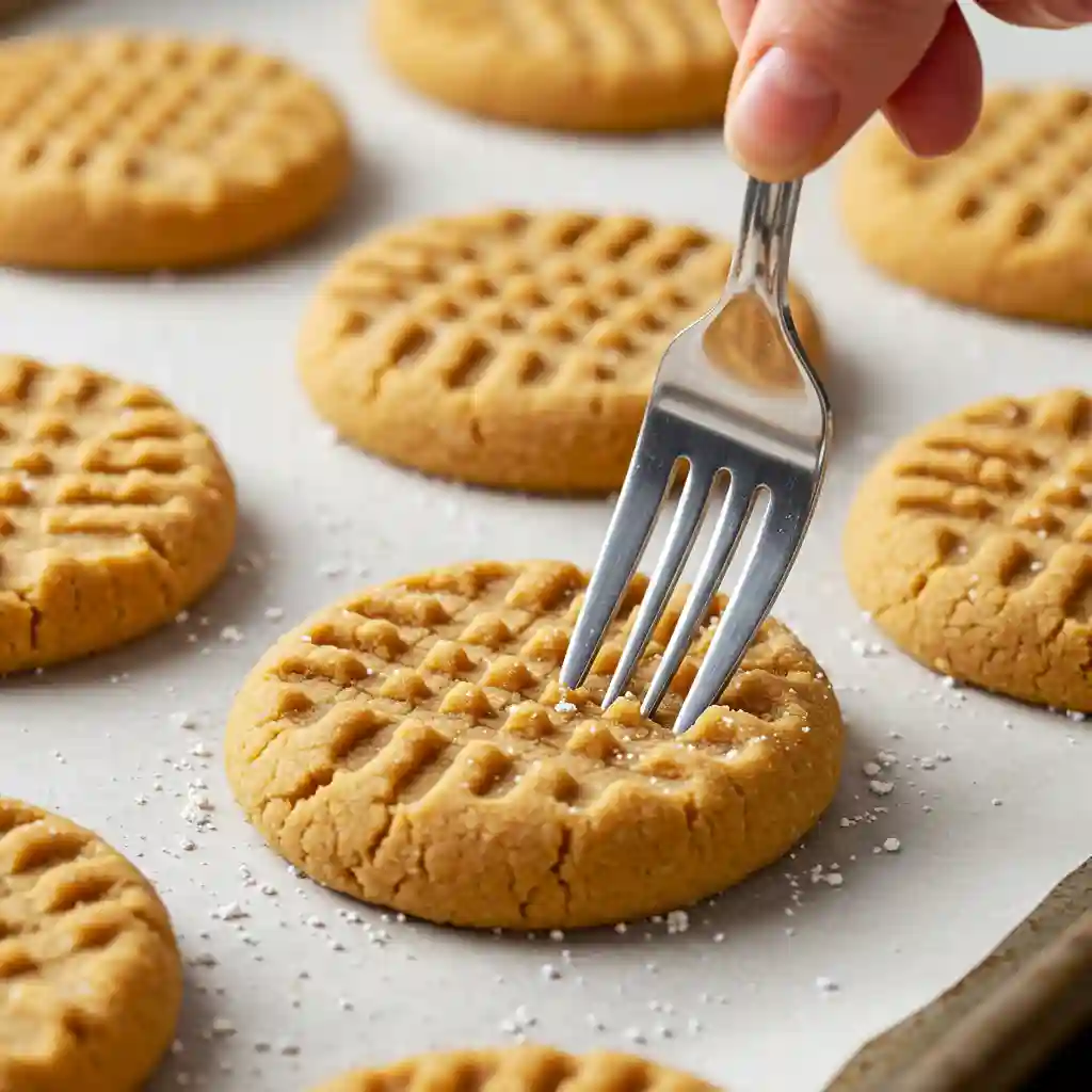 A hand using a fork to press the classic criss-cross pattern into raw gluten free peanut butter cookie dough on a parchment-lined baking sheet.