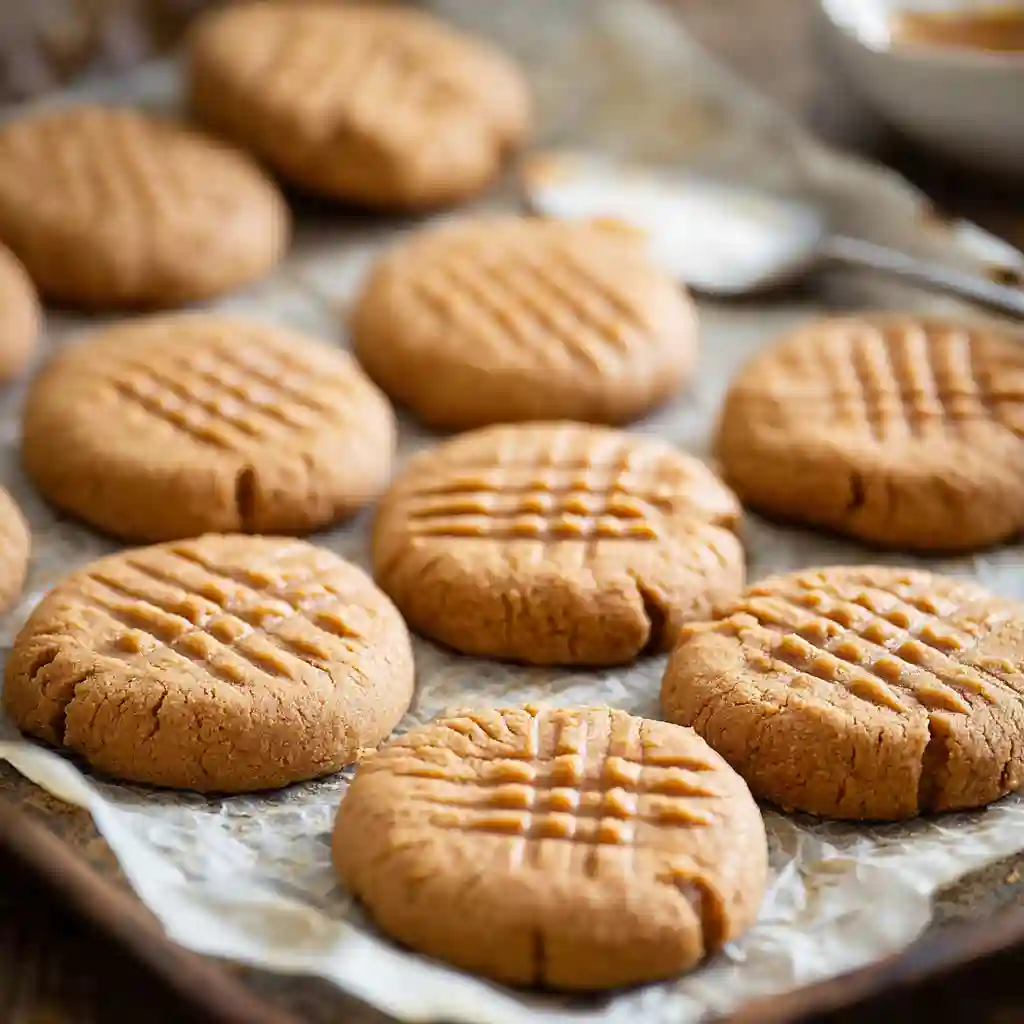 Golden brown gluten free peanut butter cookies with the classic crosshatch pattern, freshly baked and cooling on parchment paper on a baking sheet.