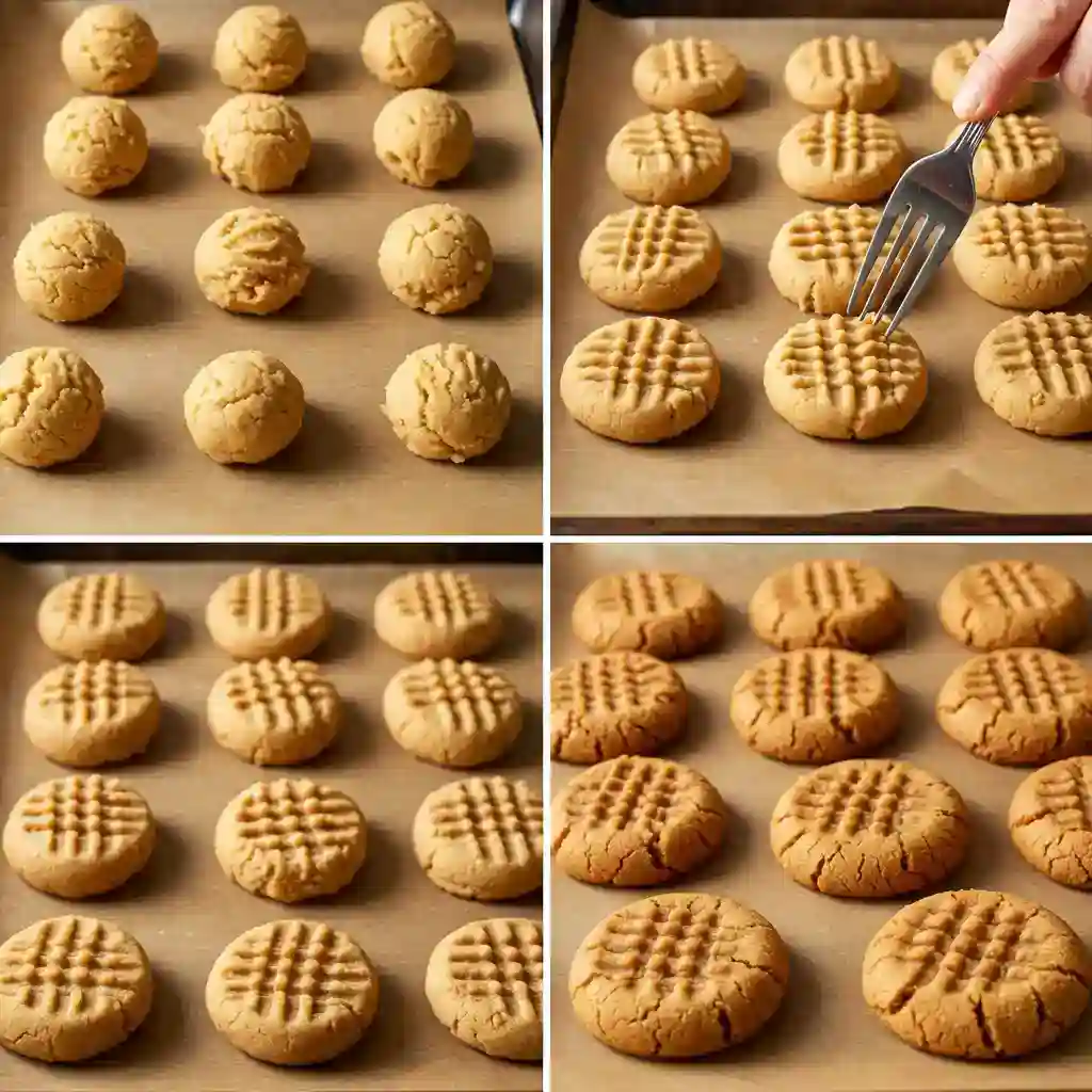 A 4-panel collage showing the step-by-step process of making gluten free peanut butter cookies: rolling the dough into balls, using a fork to press a criss-cross pattern, and the final golden-brown baked cookies.