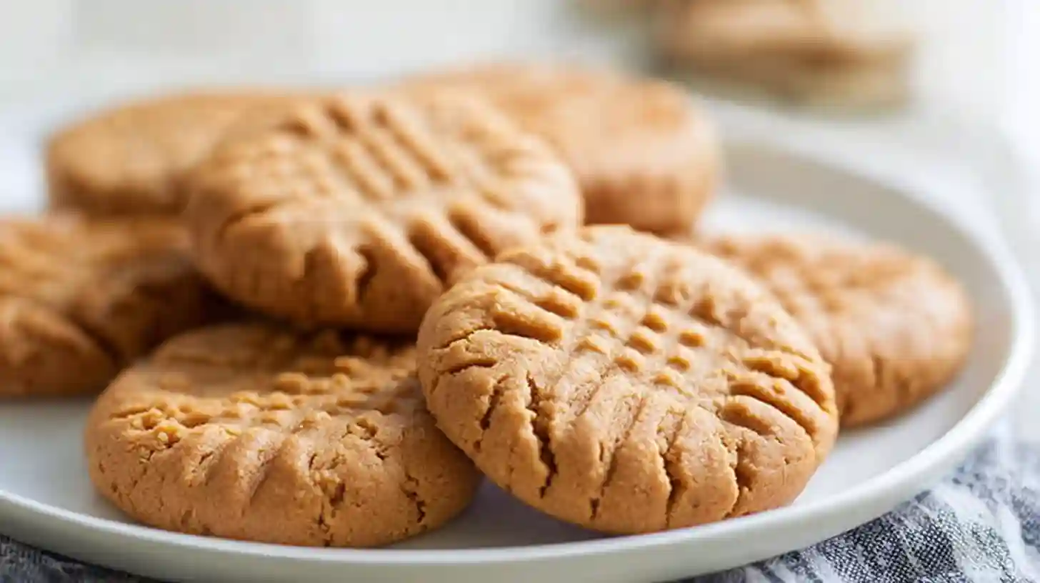 A white plate of soft, freshly baked gluten free peanut butter cookies, with a close-up on a cookie showing the classic criss-cross fork pattern on top.