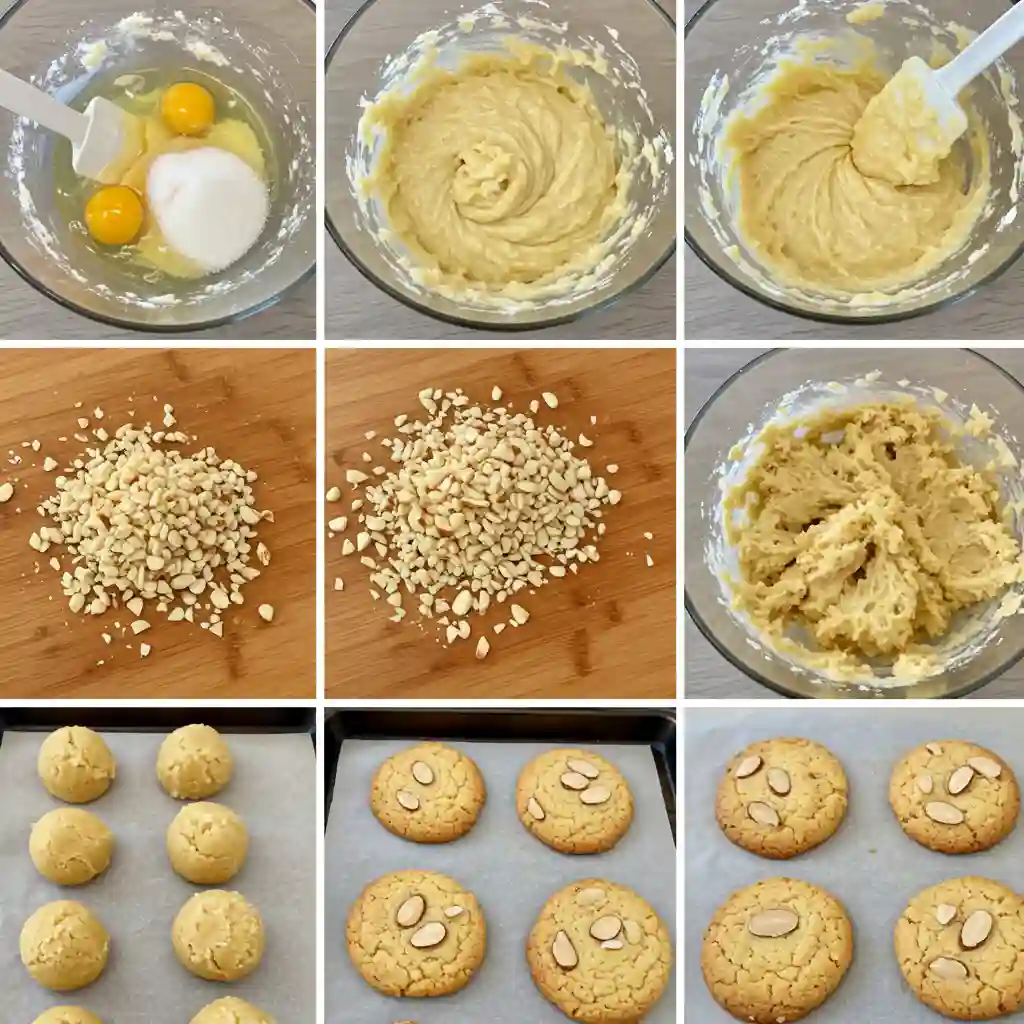 Step-by-step process of making gluten free sugar free cookies, from mixing the dough to baking the finished cookies with almond toppings