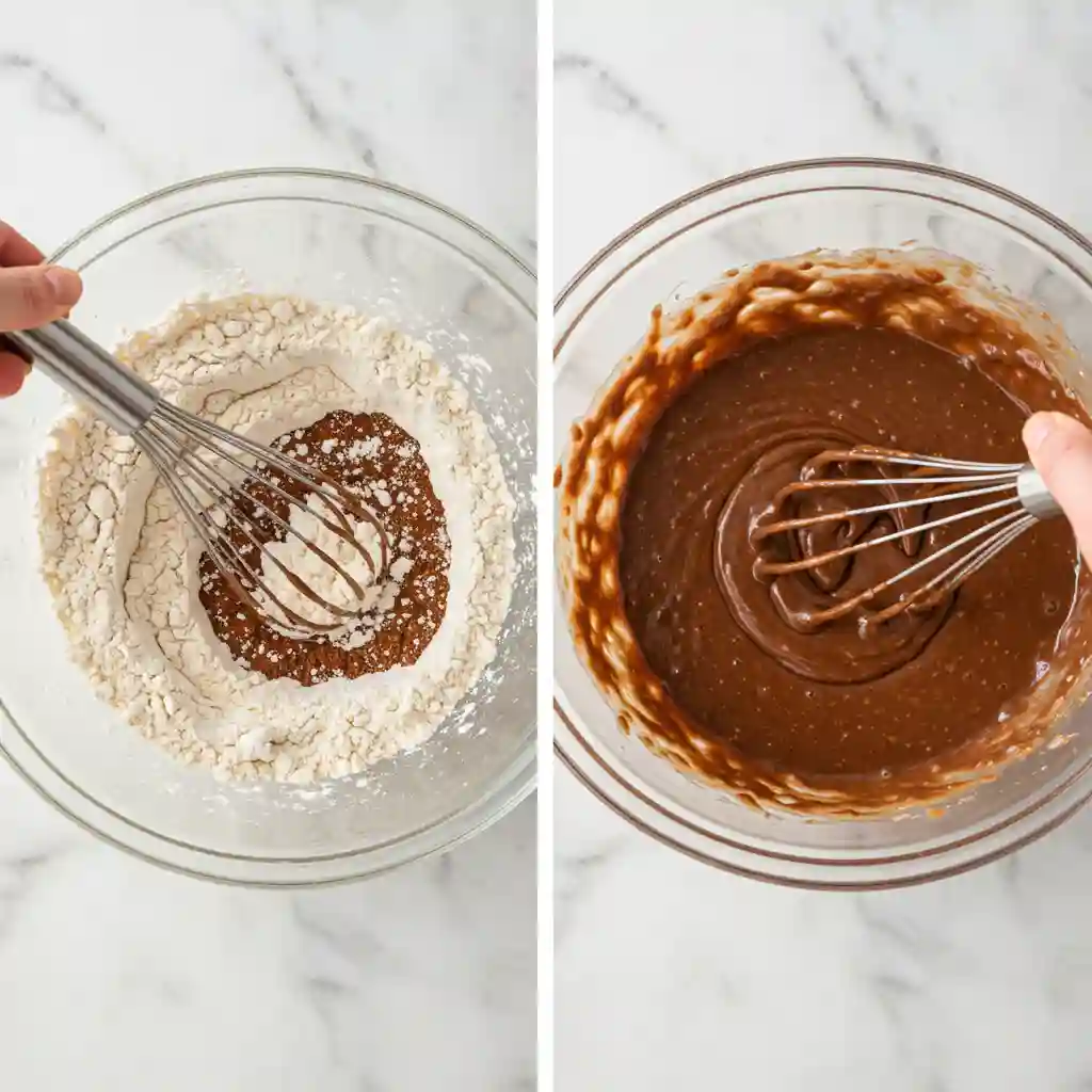 The image shows two stages of preparing a chocolate batter. On the left, a person is whisking dry ingredients, such as flour, in a clear glass bowl, with a small well in the center. On the right, the dry ingredients have been mixed with wet ingredients to form a smooth, chocolatey batter. The whisk is still in the bowl, and the mixture has a rich, brown color. The background shows a light, marble surface, providing a clean and tidy setting for the baking process.