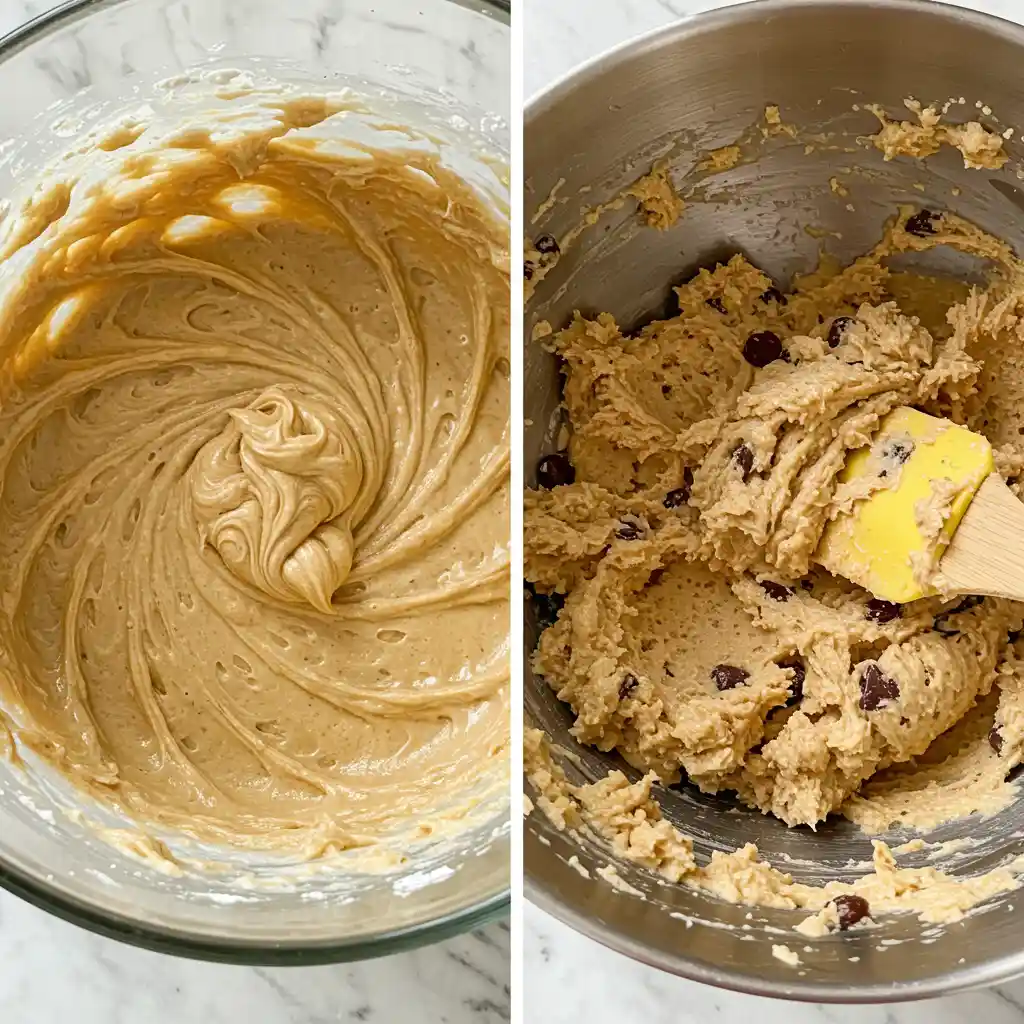 A side-by-side image showing two steps in making a gluten free cookie cake: on the left, the wet ingredients are creamed into a smooth batter, and on the right, the final thick dough is shown with chocolate chips being folded in with a spatula.