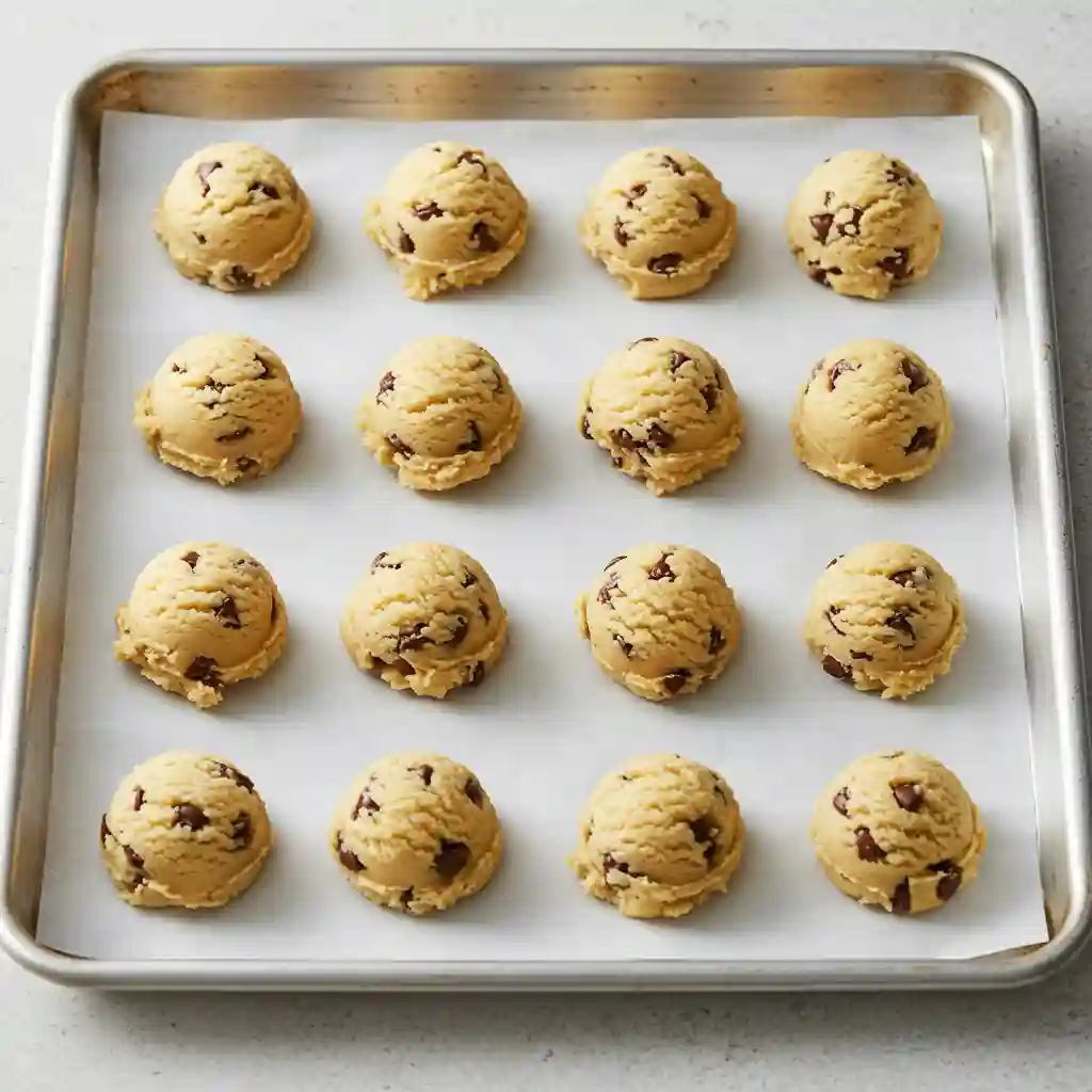 Scooped gluten free dairy free cookie dough balls on parchment lined baking tray ready to bake