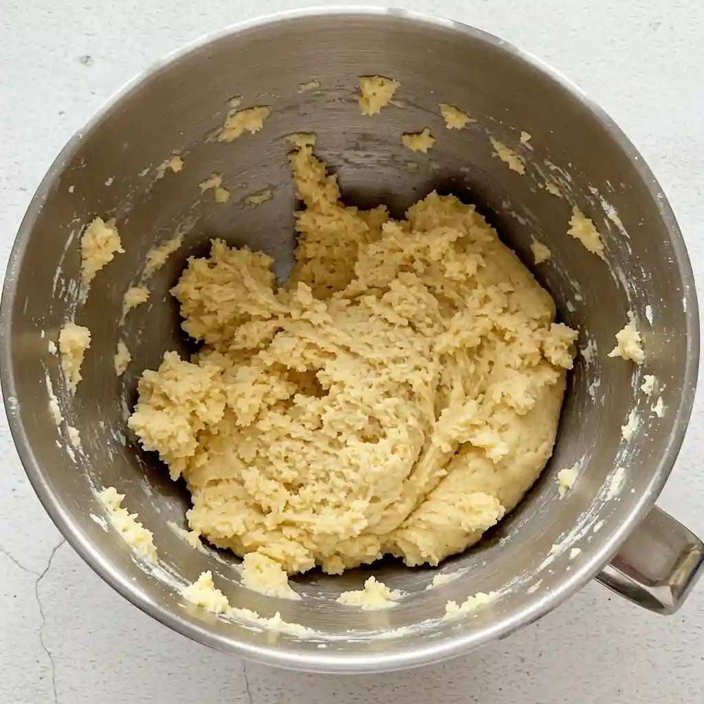 Gluten free dairy free cookie dough mixed in stainless steel bowl ready for chocolate chips