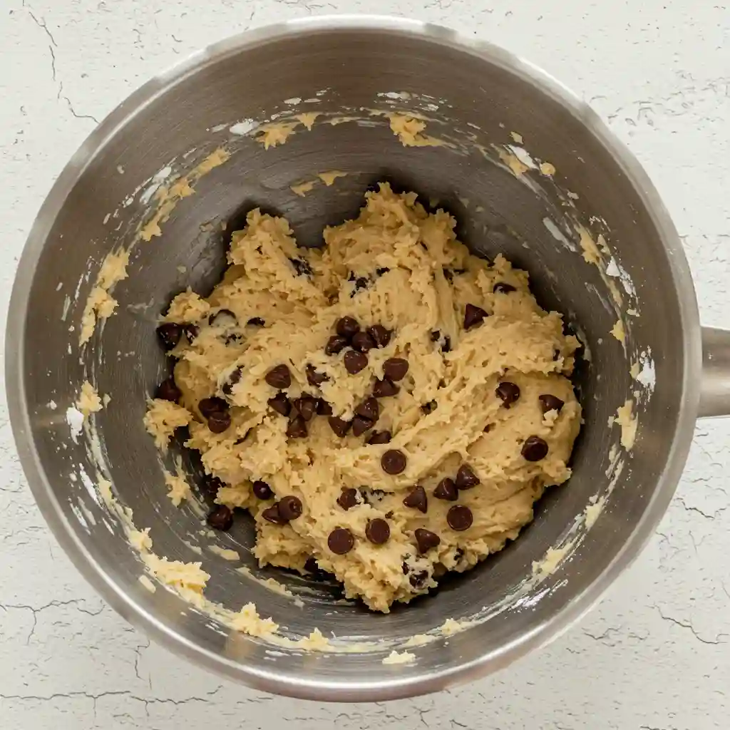 Gluten free dairy free cookie dough mixed with chocolate chips in stainless steel bowl