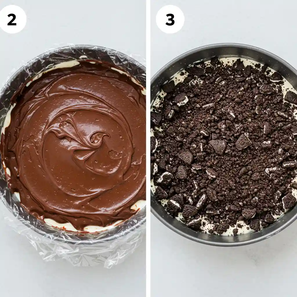 A side-by-side image of two steps in making an ice cream cake. On the left, a layer of chocolate fudge is swirled over ice cream in a pan. On the right, the fudge is covered with crushed chocolate cookie crumbs.