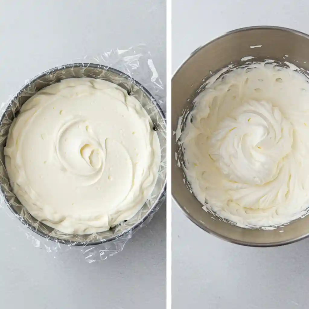 A side-by-side image of two recipe steps. On the left, the final creamy layer is smoothed into a cake pan. On the right, a large mixer bowl is filled with thick, freshly whipped cream swirled into soft peaks.