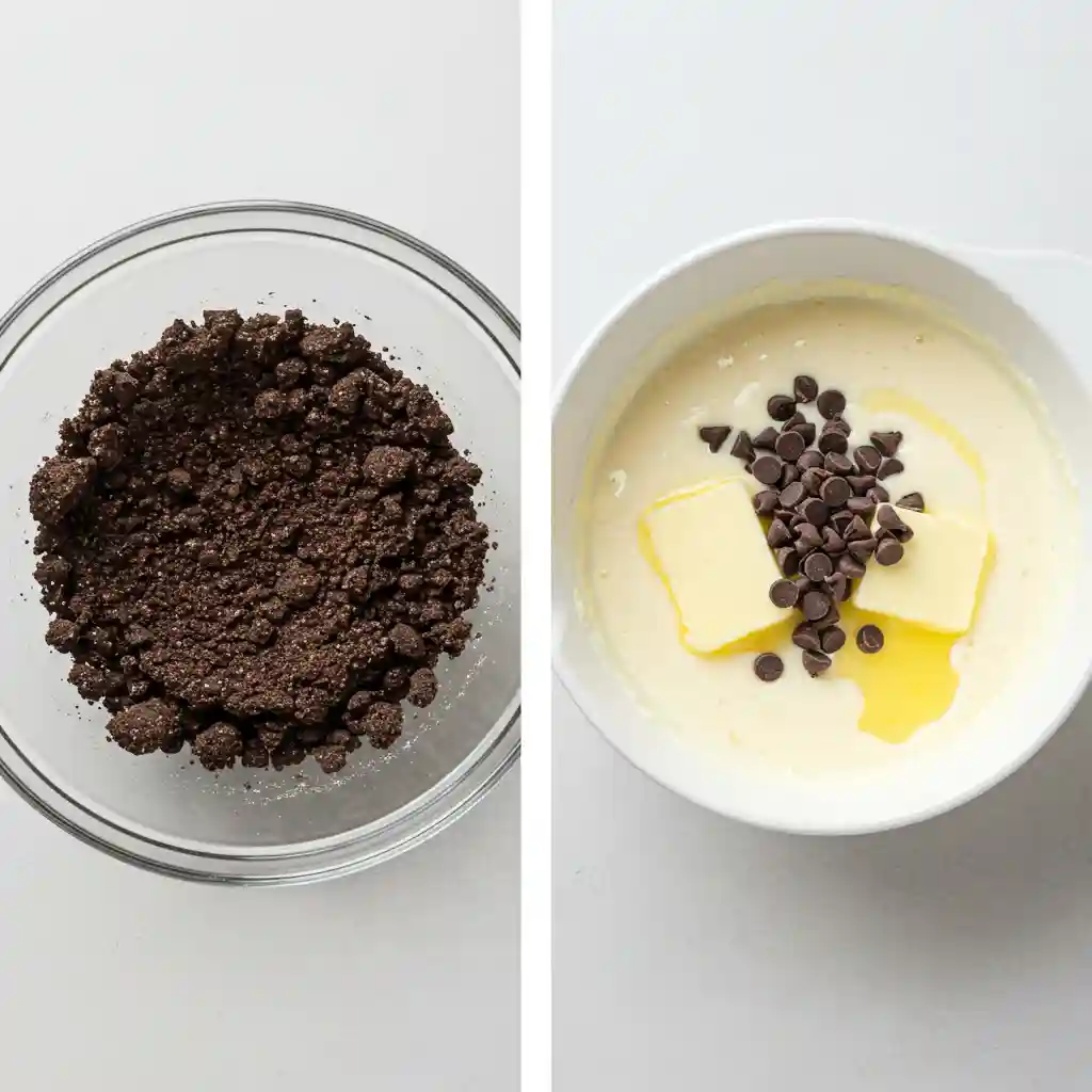 A side-by-side image of two recipe steps. On the left, a glass bowl is filled with crushed chocolate cookie crumbs. On the right, a white bowl contains cream topped with pats of butter and chocolate chips before being mixed.