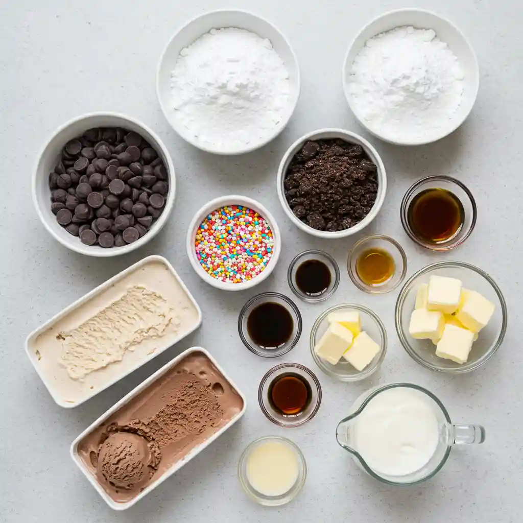 A top-down view of ingredients for an ice cream cake, including chocolate and vanilla ice cream, chocolate chips, powdered sugar, butter, cream, sprinkles, and crushed cookies, all arranged in bowls on a gray surface.