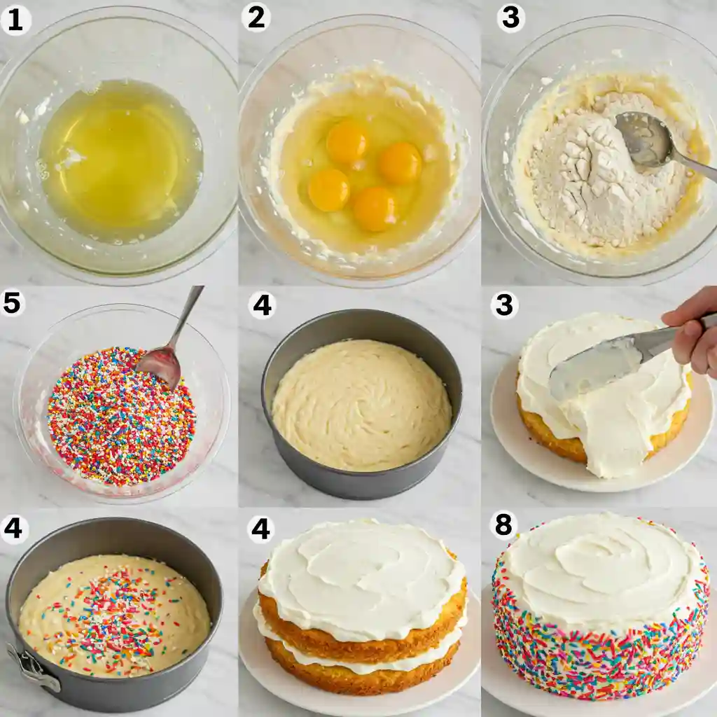 Step-by-step process of making a gluten free birthday cake with colorful sprinkles, from mixing ingredients to frosting and decorating with sprinkles for a festive finish