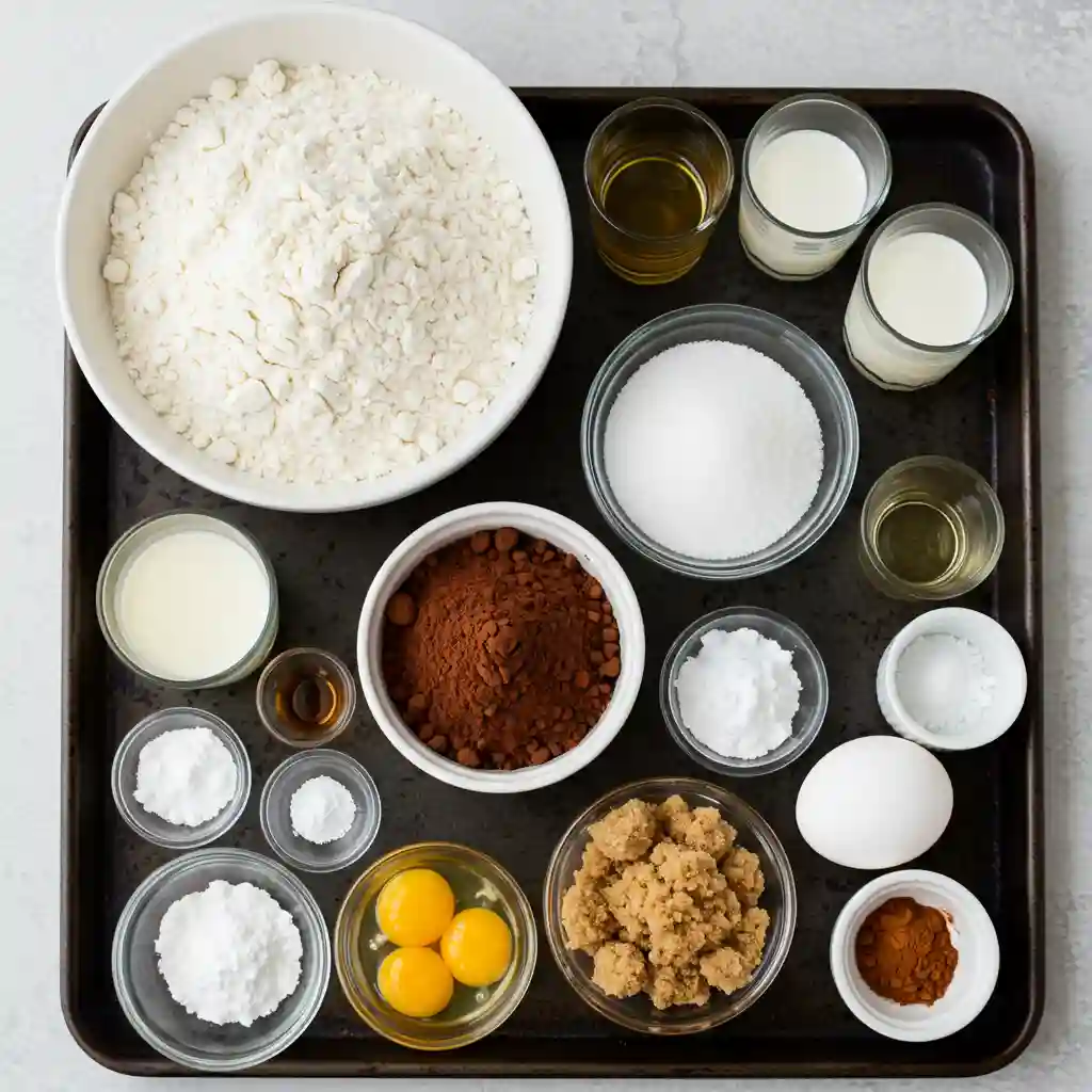 An overhead shot of baking ingredients for a chocolate cake, pre-measured and arranged on a dark tray. The ingredients include a large bowl of flour, cocoa powder, sugar, brown sugar, egg yolks, and milk.
