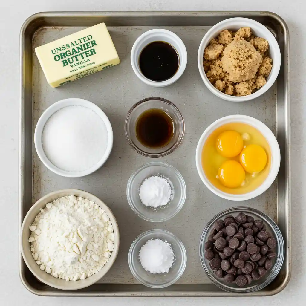 An overhead shot of the ingredients needed to make a gluten free cookie cake, measured out in bowls on a baking sheet. Pictured are gluten-free flour, brown sugar, granulated sugar, chocolate chips, eggs, vanilla extract, salt, baking soda, and a stick of unsalted butter.