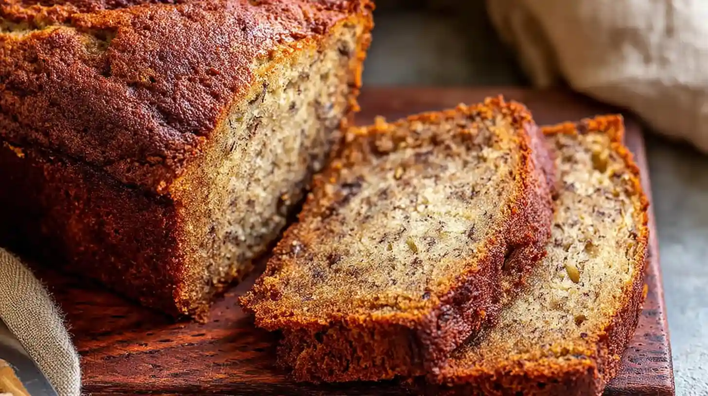 A perfectly baked loaf of moist banana bread recipe gluten free partially sliced to show the tender texture.