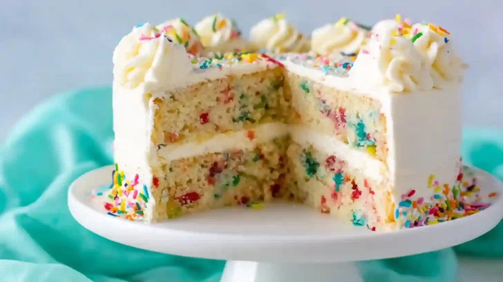 Gluten free birthday cake with vanilla frosting and rainbow sprinkles featuring a moist and fluffy crumb, perfect for celebrations and special occasions
