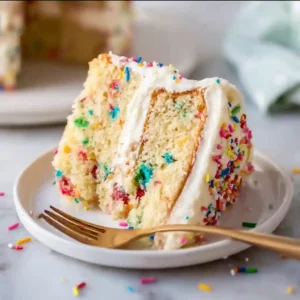 Slice of gluten free birthday cake with vanilla frosting and rainbow sprinkles on a plate, showing soft crumb and festive texture
