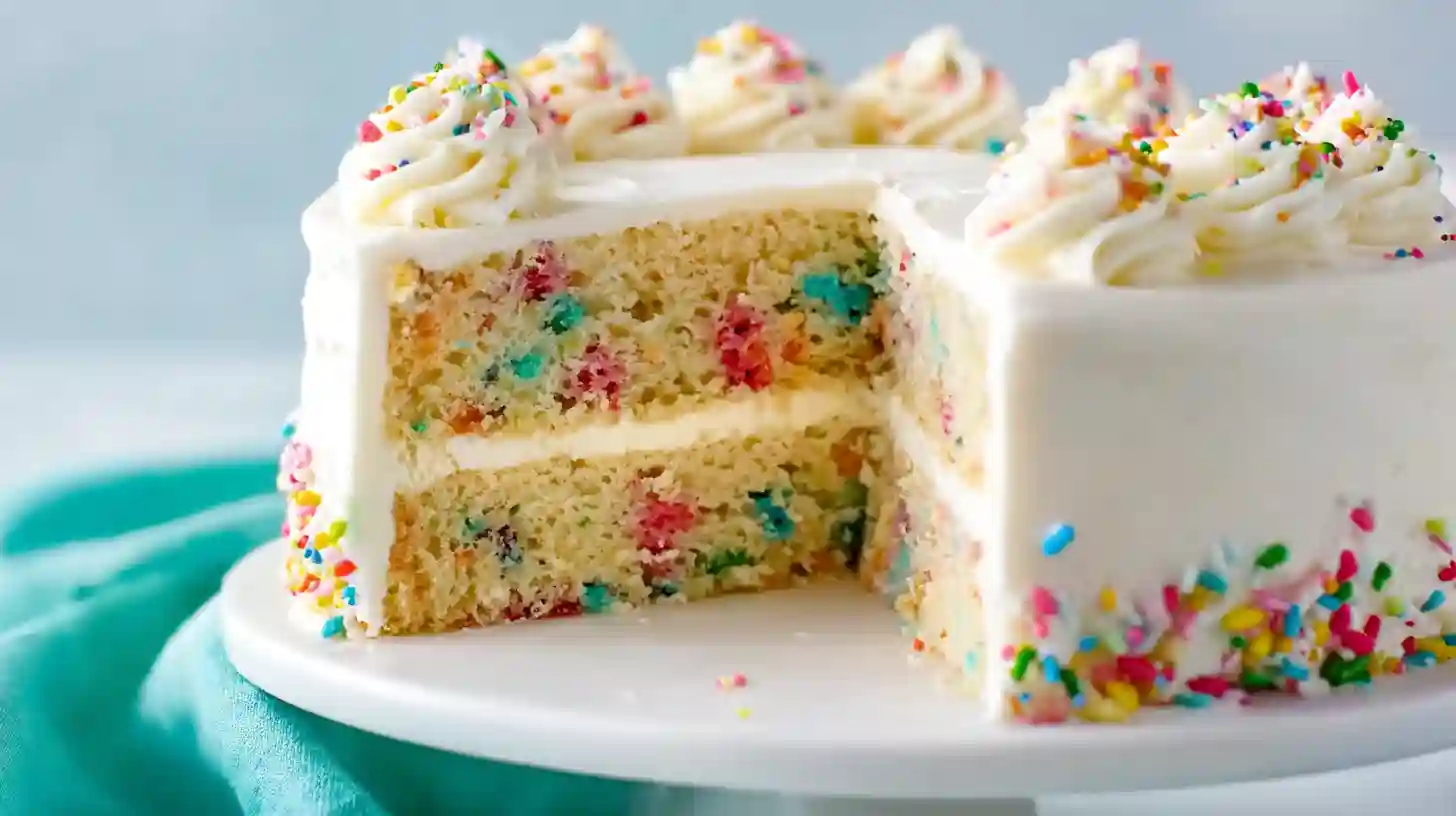 Moist gluten free birthday cake with vanilla frosting and colorful sprinkles, sliced to show soft and fluffy crumb texture