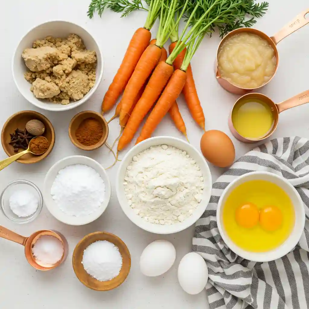 A flat lay of ingredients for homemade gluten-free carrot cake on a white background. Ingredients shown are fresh carrots with green tops, bowls of gluten-free flour, brown sugar, and granulated sugar, eggs, applesauce in a copper measuring cup, and spices like cinnamon and nutmeg.