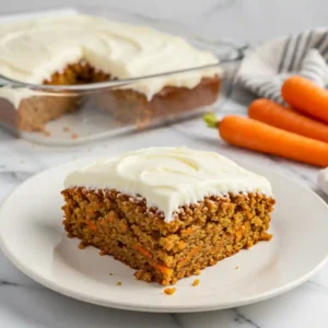 A slice of gluten-free carrot sheet cake with cream cheese frosting is featured on a plate, with the full cake in a glass baking dish and fresh carrots visible in the background