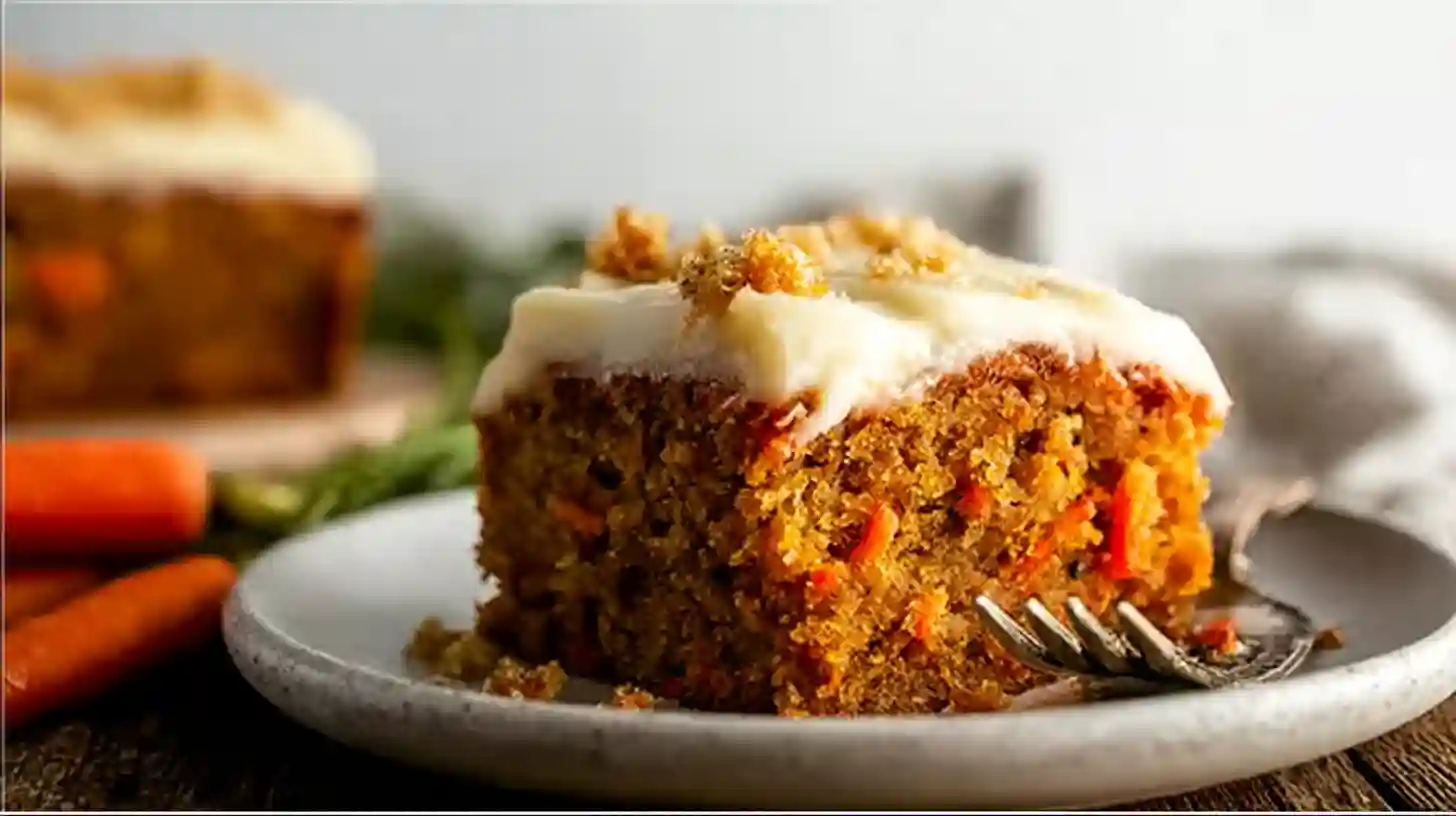 A slice of homemade gluten-free carrot cake with cream cheese frosting sits on a plate next to a fork, with fresh carrots and the rest of the cake visible in the blurred background on a wooden table.