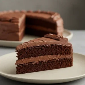 A slice of chocolate cake with two layers of rich chocolate frosting in between. The cake has a soft, spongy texture and is topped with smooth, evenly spread frosting that is slightly textured at the top. In the background, the rest of the whole cake can be seen on a separate plate, and the scene has a soft, neutral-colored background.