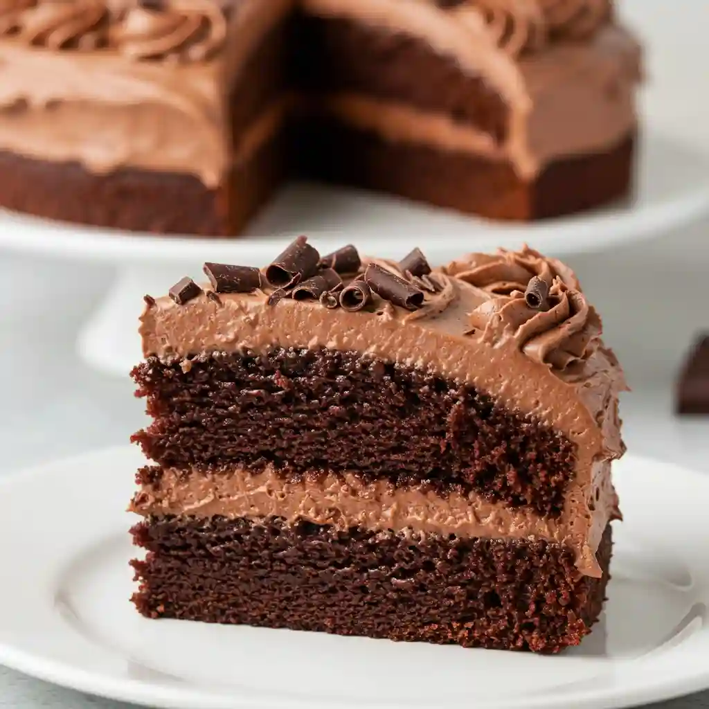 A slice of chocolate cake with two layers of smooth chocolate frosting in between. The frosting is topped with chocolate curls, adding a decorative touch. The cake has a soft, moist texture, visible in the middle, with the rich, dark color of the cake contrasting against the creamy frosting. In the background, the rest of the cake is visible on a separate plate. The slice is placed on a white plate with a clean, neutral backdrop.