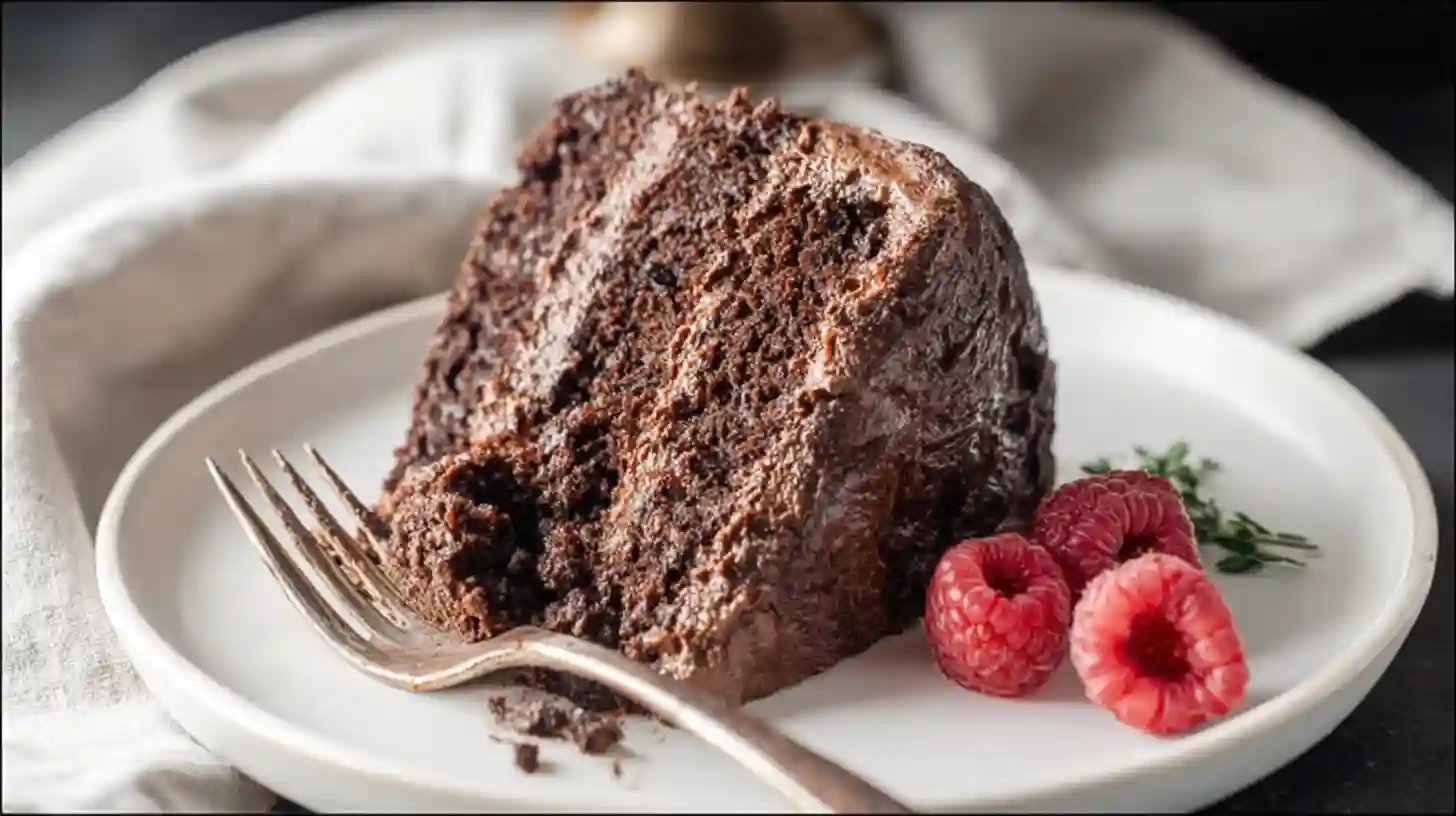 A rich slice of moist Gluten Free Chocolate Cake on a white plate, garnished with fresh raspberries and a sprig of thyme, with a fork resting in the foreground.
