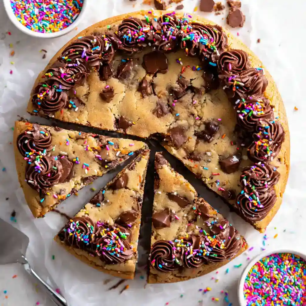 An overhead shot of a freshly baked gluten free cookie cake decorated with a border of piped chocolate frosting and festive rainbow sprinkles, cut into several slices to show the soft, chewy interior.
