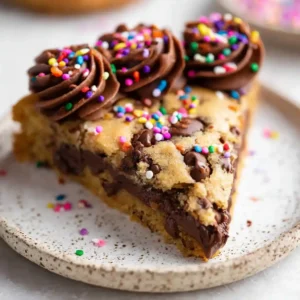 A close-up shot of a thick, chewy slice of gluten free cookie cake on a speckled plate, topped with piped chocolate frosting and colorful rainbow sprinkles.
