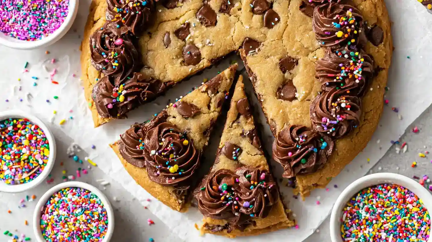 A round, homemade gluten free cookie cake decorated with piped chocolate frosting and colorful rainbow sprinkles, with several slices cut and ready to be served.