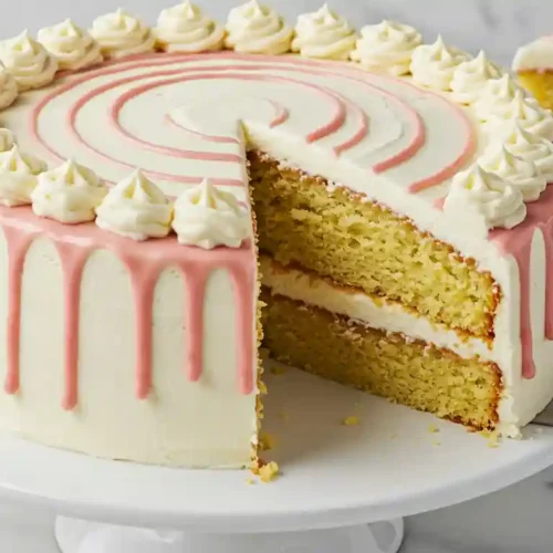A round, two-layer vanilla cake on a white cake stand, decorated with white frosting, a pink ganache drip, and piped dollops around the edge. A slice of cake is being lifted out with a silver cake server.