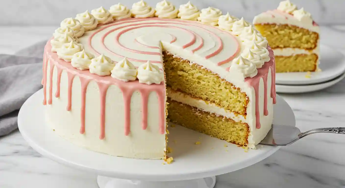 A round, two-layer vanilla cake on a white cake stand, decorated with white frosting, a pink ganache drip, and piped dollops around the edge. A slice of cake is being lifted out with a silver cake server.