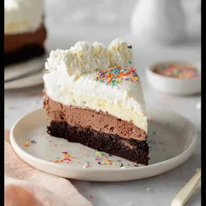 A slice of gluten-free ice cream cake on a white plate, showing layers of brownie, chocolate ice cream, and vanilla ice cream, topped with piped whipped cream and colorful sprinkles.