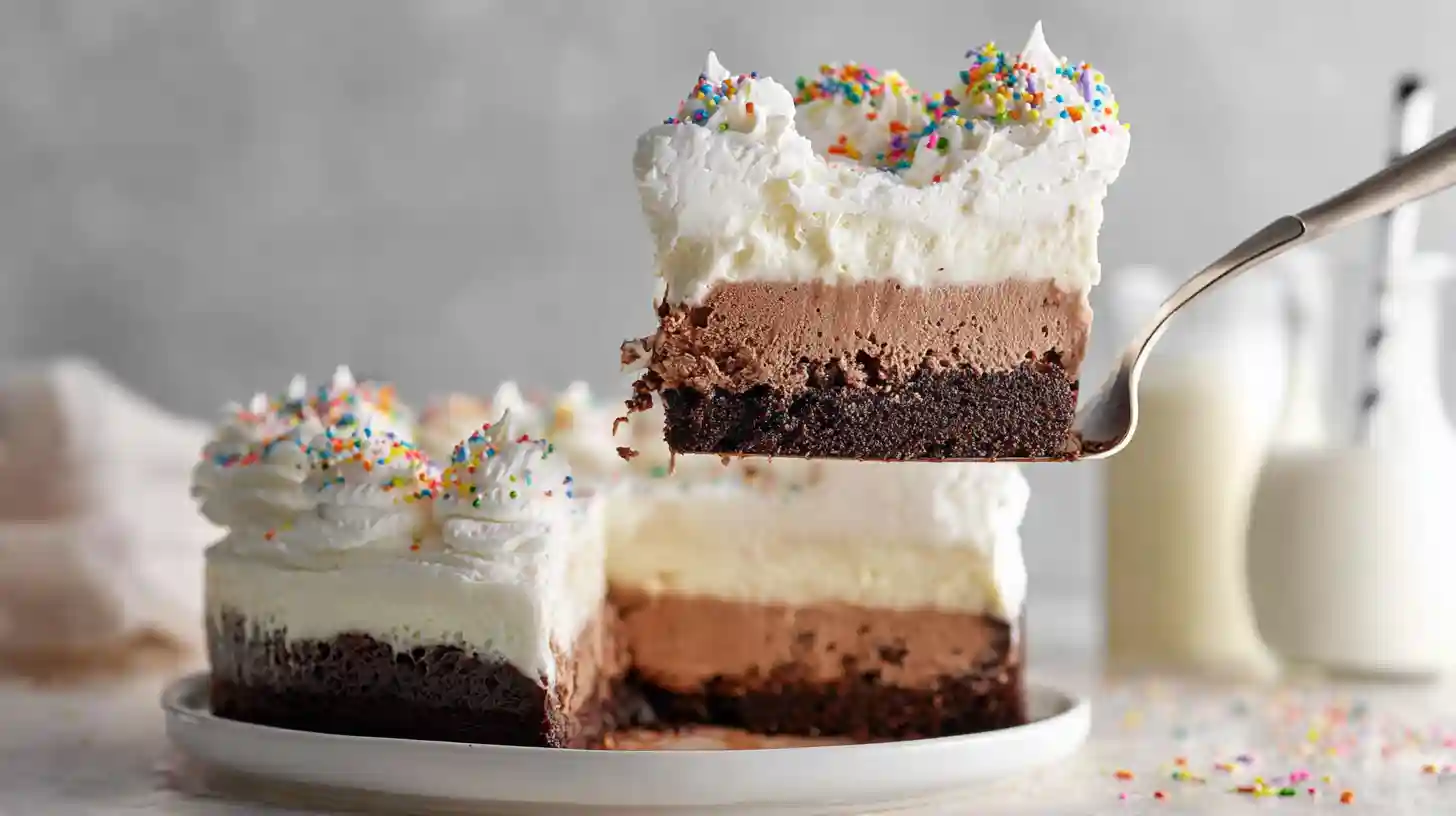 A cake server lifts a slice from a layered gluten-free ice cream cake, revealing a brownie base, a chocolate ice cream layer, and a vanilla ice cream layer, all topped with fluffy whipped cream and colorful sprinkles.