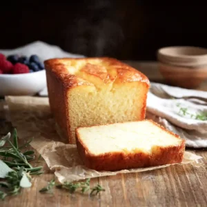 A freshly baked loaf of gluten-free pound cake on parchment paper with one slice cut in front, revealing a golden crust and moist, dense crumb. A bowl of berries and fresh herbs are in the background on a rustic wooden table.