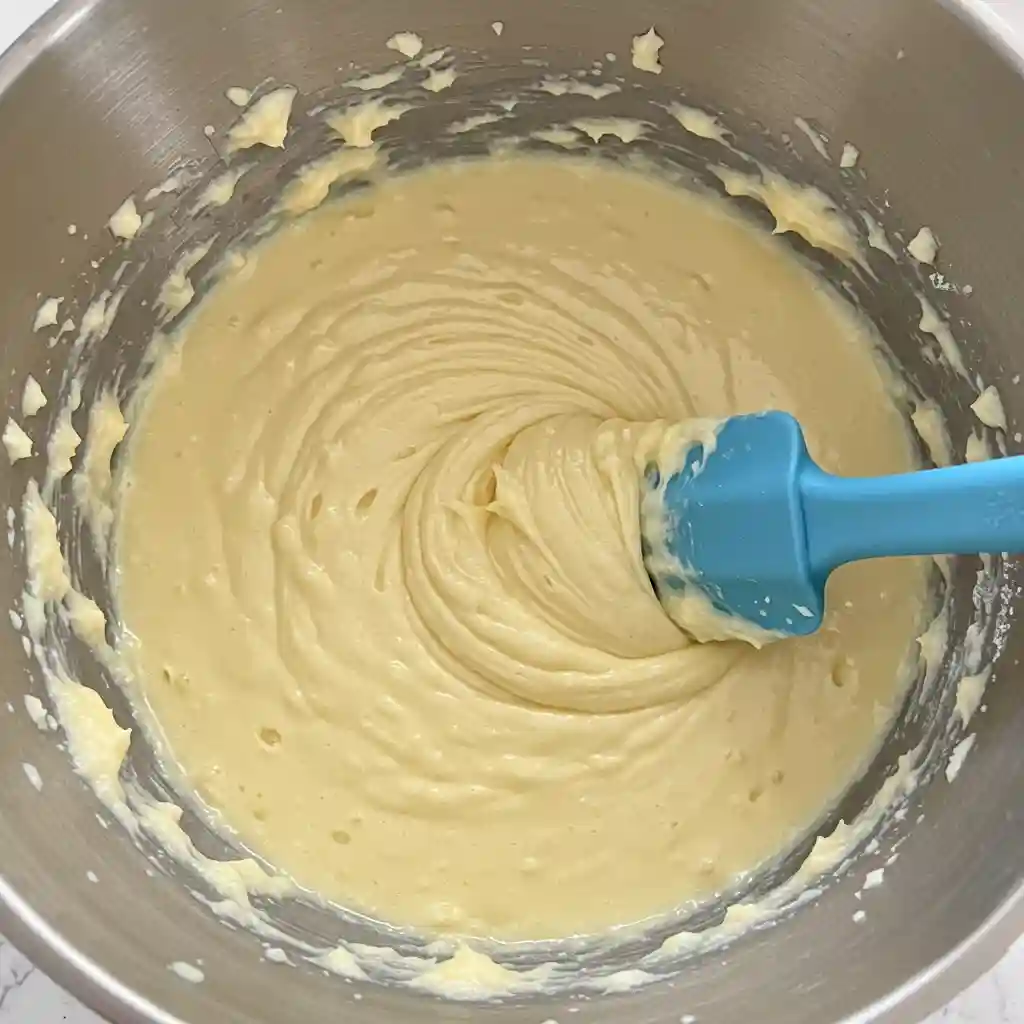 A stainless steel mixing bowl filled with smooth gluten-free pound cake batter. A blue silicone spatula is partially coated with the thick, creamy mixture.