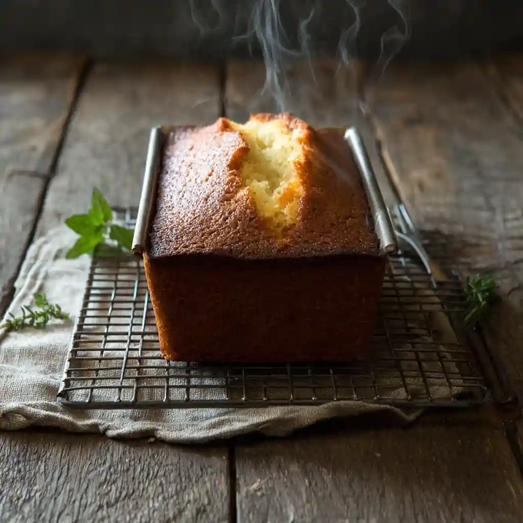 A freshly baked gluten-free pound cake resting in its loaf pan on a wire rack, with visible steam rising. The cake has a golden brown crust and a cracked top, set on a rustic wooden table with herbs nearby.