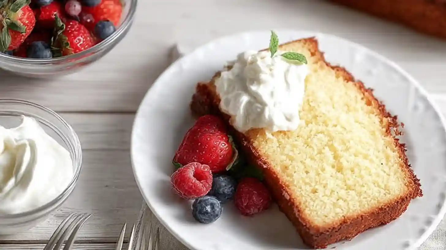 A slice of gluten-free pound cake served on a white plate, topped with whipped cream and garnished with fresh strawberries, raspberries, and blueberries. A bowl of whipped cream and a bowl of mixed berries are placed nearby on a wooden table.