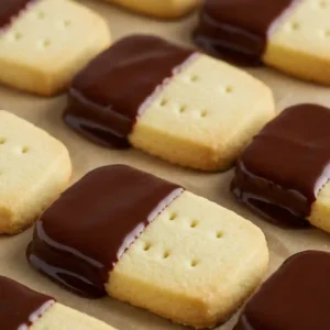 A tempting close-up of perfectly baked, buttery gluten-free shortbread cookies, each dipped in a layer of rich, dark chocolate.