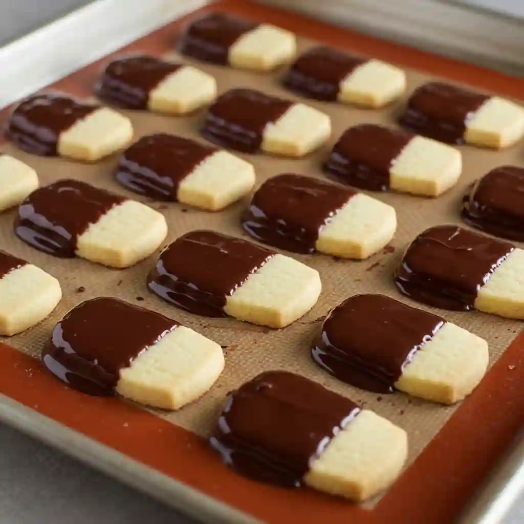 A full baking sheet of buttery gluten-free shortbread cookies, each dipped in rich chocolate and neatly arranged on a silicone mat to set.