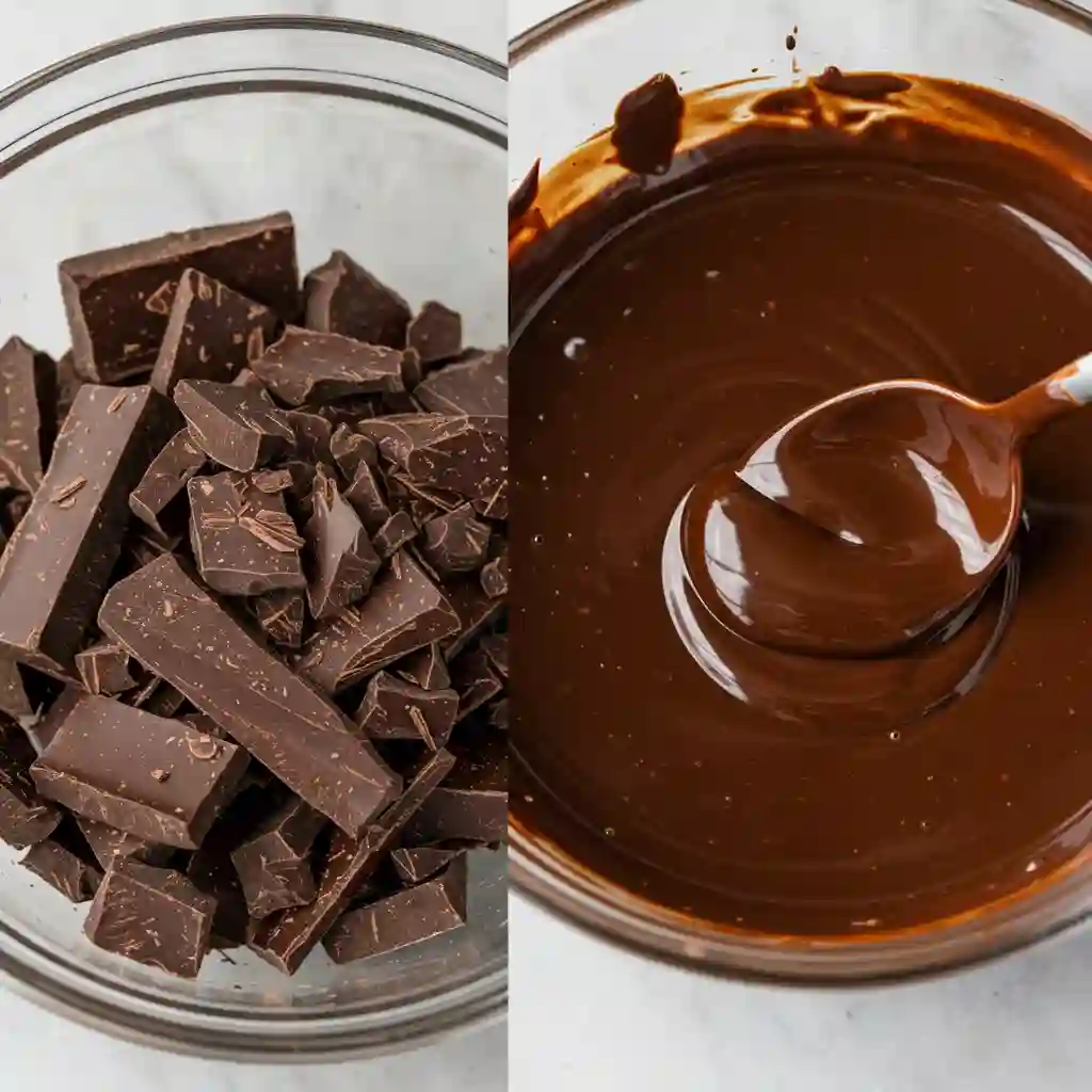 A two-panel image showing the process of melting rich, dark chocolate for dipping gluten-free shortbread cookies, from chopped pieces to a smooth, glossy dip.