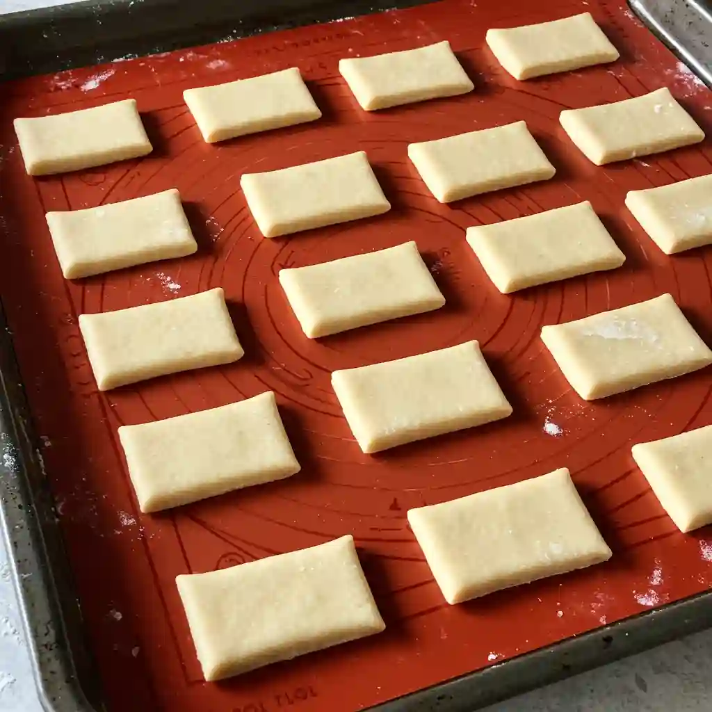 A batch of raw, cut-out gluten free shortbread cookies neatly arranged on a red silicone baking mat, ready for the oven.