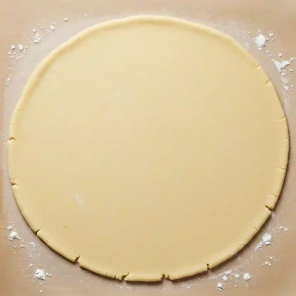 A smooth, round disk of gluten free shortbread cookie dough rolled out on parchment paper, ready to be cut into shapes.